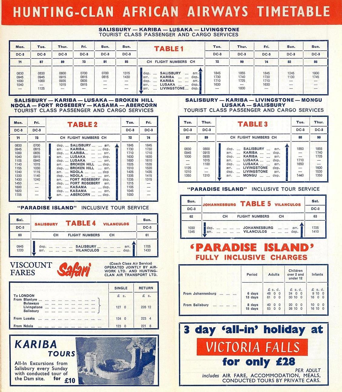 Hunting - Clan African Airways Time Table 1959.
